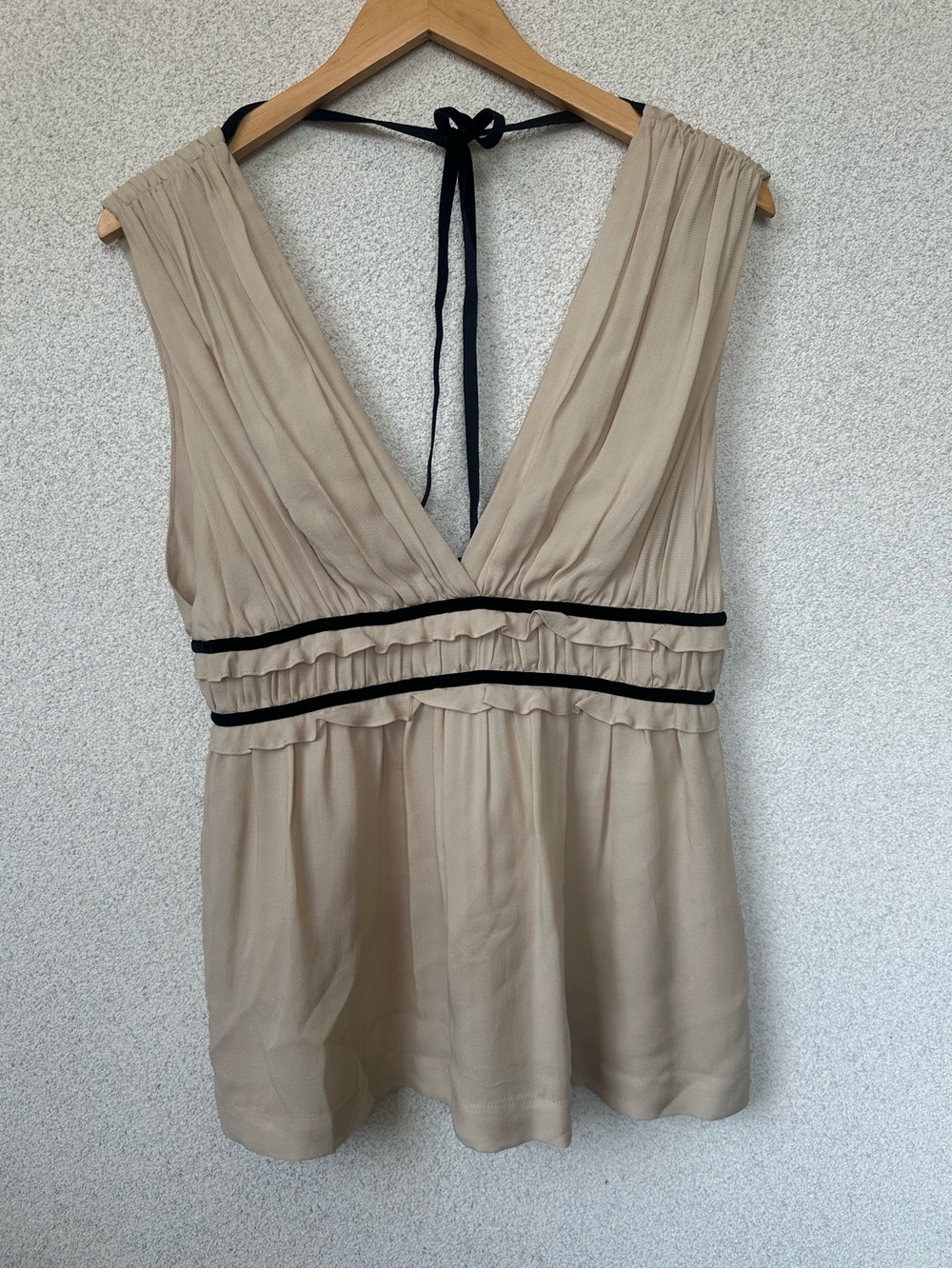 Robert Rodriguez 100% Silk Plunge Babydoll Top Beige Black Velvet Trim Size 6